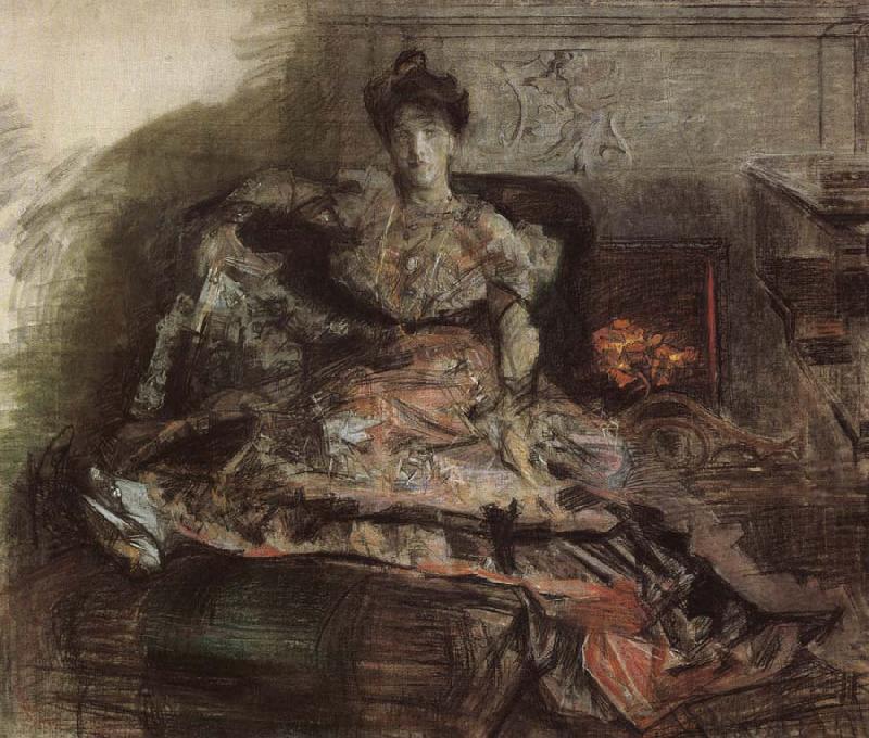 Arter the concert:nadezhda zabela-Vrubel by the fireplace wearing a dress designed by the artist, Mikhail Vrubel